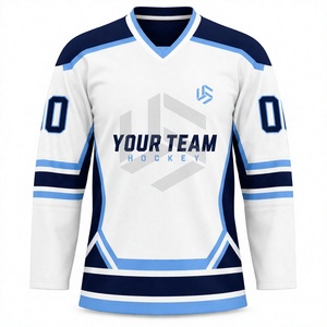 Jersey de Hockey sobre Hielo Personalizado para Hombre, Blanco, Azul Marino, Cuello en V, Manga Larga, Sublimado, 100% Poliéster, Absorbe la Humedad, Corte Regular - Product Image 1