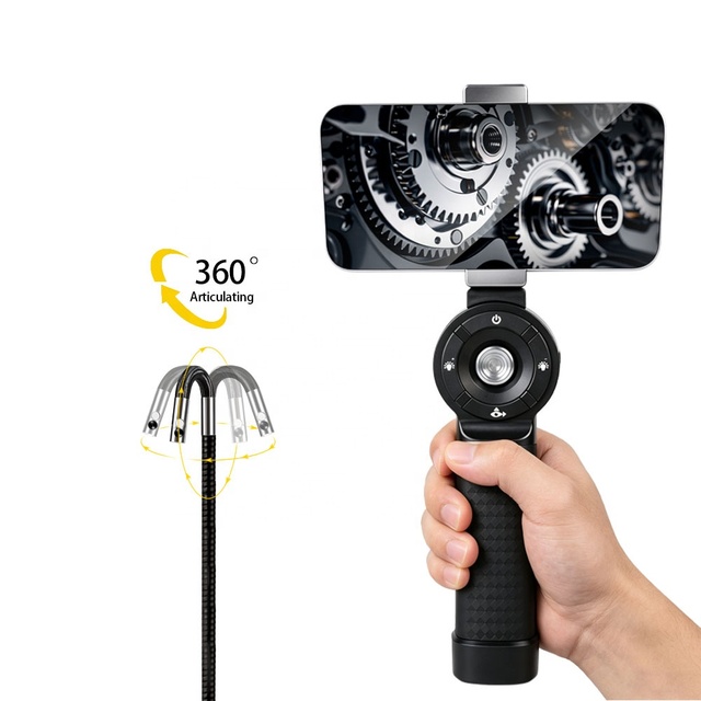 6.5mm Smartphone Endoscope Camera 4 Ways 360 Degree Articulating Borescope Dual Lens Inspection 8 LED for Automotive Android IOS