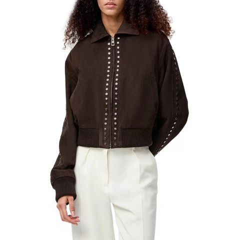 5206 Genuine Leather Goat Skin Heavy Industry Rivet Retro Zipper Lapel Casual Style Jacket for Women
