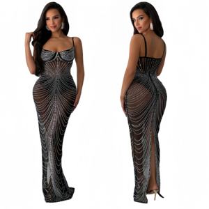 <span class=keywords><strong>Robe</strong></span> de soirée élégante pour femme <span class=keywords><strong>H</strong></span>-593, fines bretelles spaghetti, maille, strass, tenue de soirée, <span class=keywords><strong>robe</strong></span> <span class=keywords><strong>longue</strong></span> brillante pour femme - Product Image 1