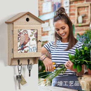 Wooden Key Rack House Shaped <b>Wall</b> <b>Mounted</b> Storage <b>Shelf</b> With Owl Design For Home Entryway Organization - Product Image 1