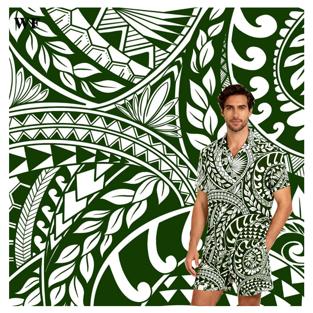 WF 2026 Newest Hot Sale Polynesian Totem Wave Printed Woven Poplin Fabric Wind-Proof Quick-Dry 100% Rayon for Men's Beach Shirts