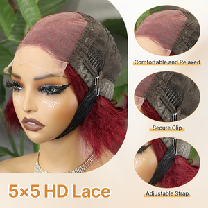 FH 5x5 Lace Front C Type Raw Human Hair #99J <b>Short</b> Bob Glueless Afro Kinky Straight <b>Short</b> <b>Wig</b> Human Hair - Product Image 2