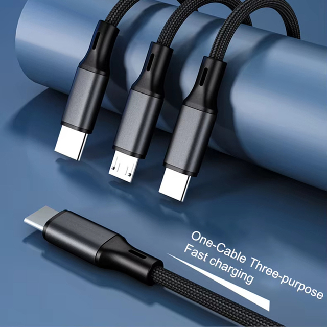 Factory Customizable USB Type C Cable 3in1 Dual Micro Charger Cable QC Fast Charging Power Cord Braided Nylon Cable for Phone