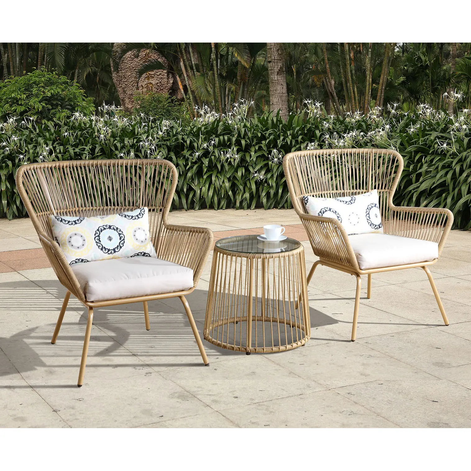 3 adet tüm hava P.E rattan hasır yastık veranda bahçe dış mekan mobilyası temperli cam ucu sehpa sandalyeler bistro seti