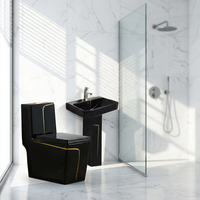 Ensemble de sanitaires de luxe en céramique noire pour salle de bain : WC monobloc et lavabo sur colonne