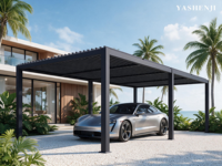 Pergola bioclimatique moderne en aluminium avec toit à lames orientables télécommandées et éclairage LED pour maison et garage de villa
