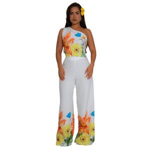Elegante conjunto de dos piezas estampado de verano con hombros asimétricos y pantalón de pierna ancha, mono elástico estilo casual para mujer - Product Image 1