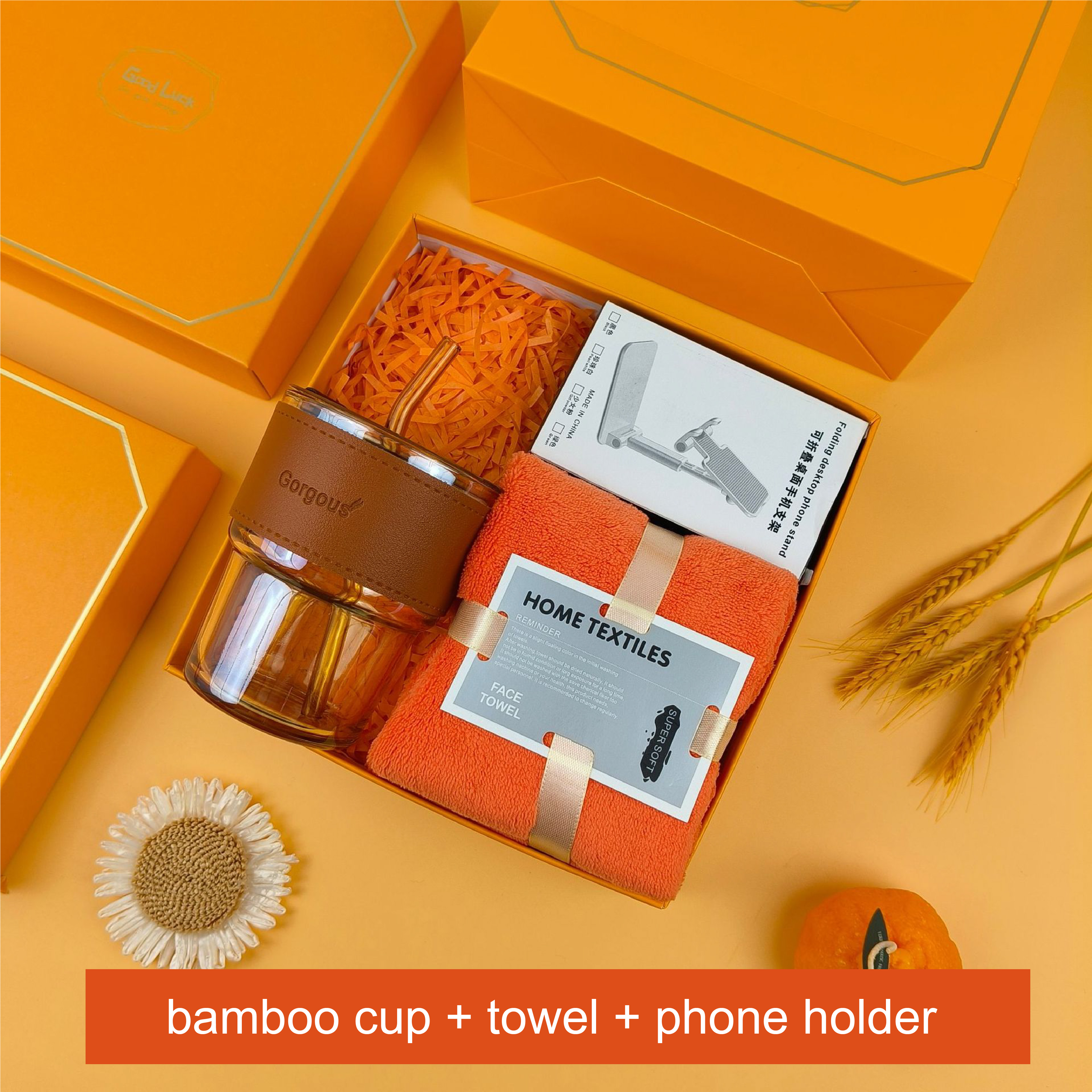 bamboo cup + towel + mobile phone holder