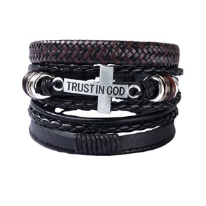 Conjunto de pulseras de cuero trenzado de varias hebras con colgante de confianza en Dios, regalo unisex, joyería - Product Image 5