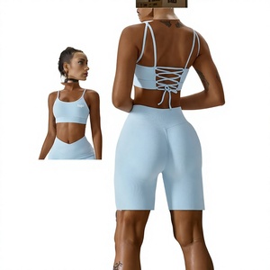 Soutien-gorge de sport bleu clair avec dos lacé, maintien élevé, haut de sport pour femme, soutien-gorge de fitness sans coutures - Product Image 2