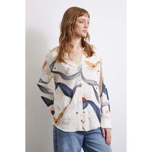 Camisa de Gasa con Estampado Floral en Color Crudo para Mujer, Cuello en V, Estilo Casual para el Día a Día, Blusa con Botones - Product Image 4