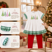 Puresun OEM/ODM Effen Broek Kerstboom Applicatie Geruite Volant 100% Katoen Fabriek Groothandel Meisjes Kledingsets 6-12 Jaar