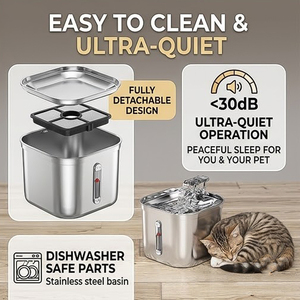 Distributore d'Acqua per Animali Domestici in Acciaio Inossidabile Arrotondato con Circolazione Automatica, Filtrazione, Rilevamento Intelligente, Alimentazione a Carica, Impermeabile e Robusto - Product Image 3
