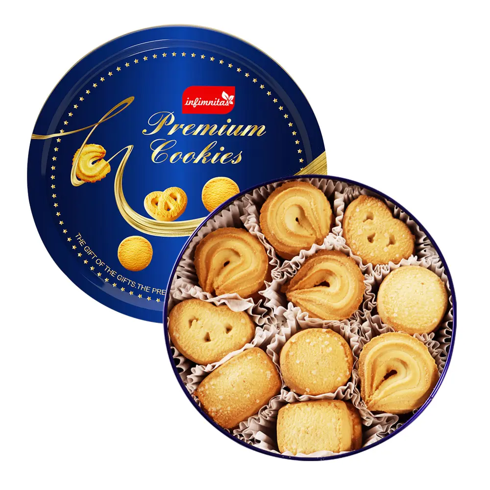 Vejetaryen lal sindirim burbon bisküvi ve kurabiye özel yeni tasarım mavi yuvarlak teneke toptan tereyağlı kurabiyeler