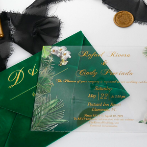 การ์ดเชิญอะคริลิคเคลือบทองคำสุดหรู พร้อมชุดการ์ดเชิญกำมะหยี่สีเขียว สำหรับงานแต่งงานสุดหรูหรา - Product Image 1