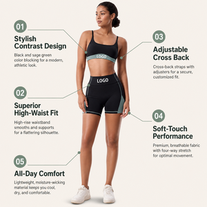 Ensemble de yoga 2 pièces pour femme, noir et vert sauge, avec soutien-gorge de sport contrastant à bande et mini-short taille haute à taille élastique - Product Image 2