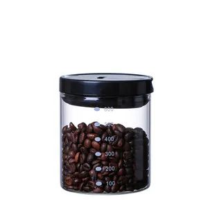 Cilindro graduado frasco de vidro grau alimentício, com tampa de plástico selado preto, pote de vidro para nozes, armazenamento de grãos de café