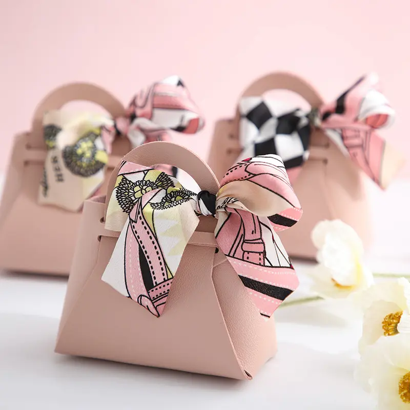 Bolso de cuero para mujer, caja de regalo para regalos de dulces, Mini bolso de mano de cuero rosa con cinta, recuerdos de boda para Baby Shower