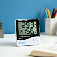 Thermomètre hygromètre numérique miniature en plastique avec logo personnalisé, horloge, affichage LCD de la température et de l'humidité, alarme, alimenté par piles, HTC-1, cadeau