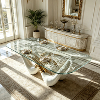 Table à manger de luxe en fibre de verre, base incurvée blanc-or, plateau en verre trempé, table rectangulaire pour villa et maison