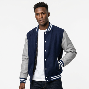 Men's Blue Varsity <b>Jacket</b> with <b>White</b> Sleeves Stand Collar Single Button Closure Preppy Style Winter Wear Fleece Breathable - Product Image 3
