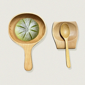 Bol à salade en bois de hêtre avec fourchette, cuillère et repose-cuillère en bois pour hôtel, café, thé, usage enfant - Product Image 2
