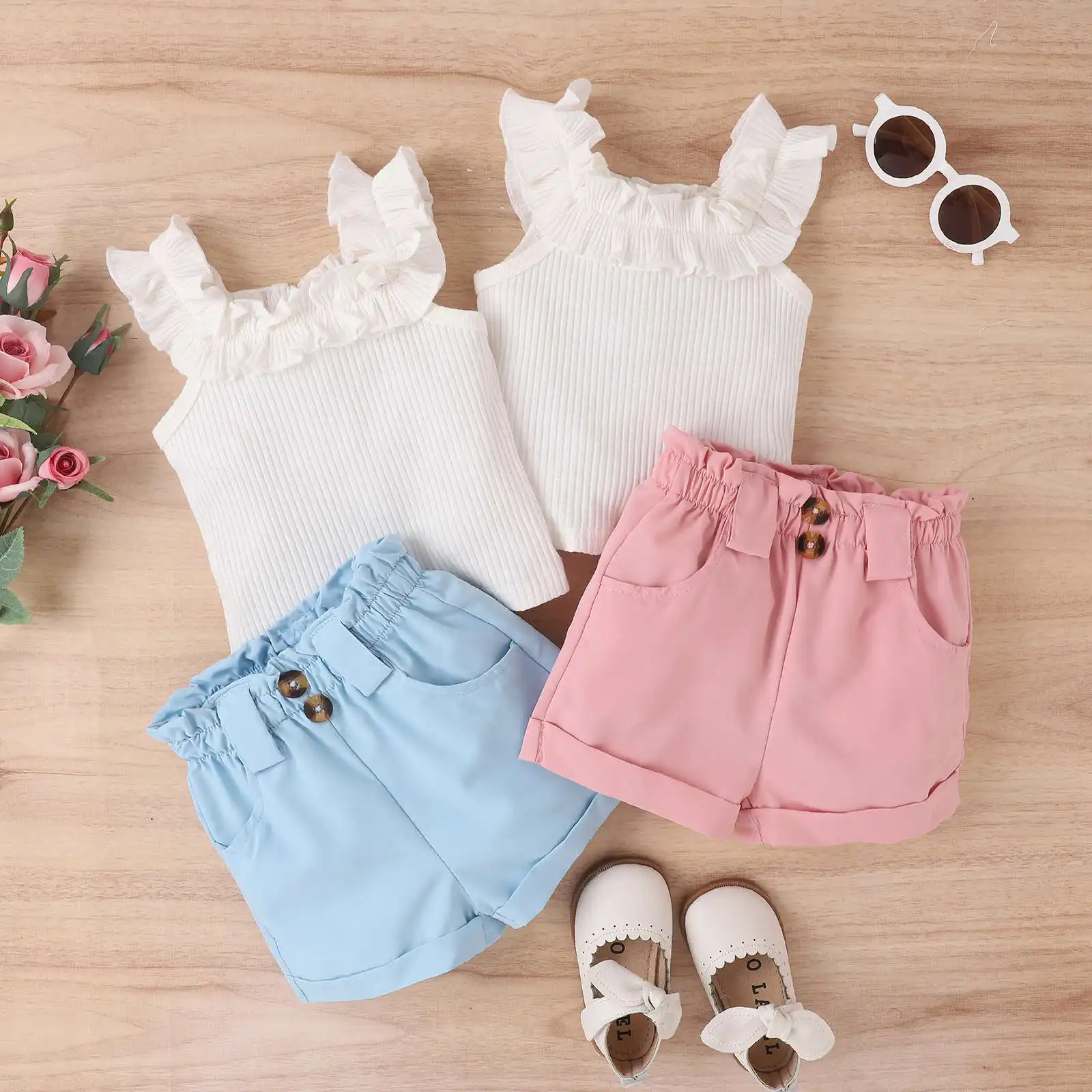 Zonnige Baby Meisjes 0-4T Lente En Zomer Nieuwe Mouwloze Kant Katoenen Vest Top + Snoep Shorts 2 Stuks Set Kinderkleding