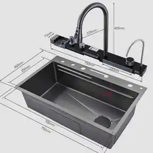 Display Waterfall Kitchen Sink 304 Stainless Steel Contemporary Washbasin Kitchen Sink for Modern Kitchen with Double Bowl