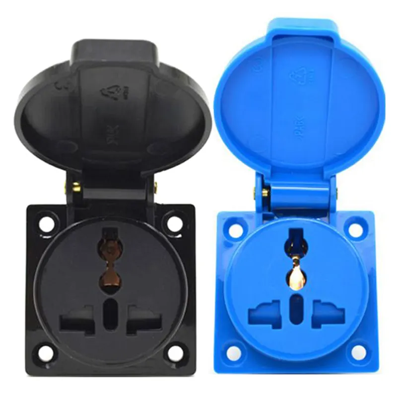 Universal EU US UK AU Industrial Waterproof Outlet 10A 250V Power Socket with Cover Safety Shutter Black Blue