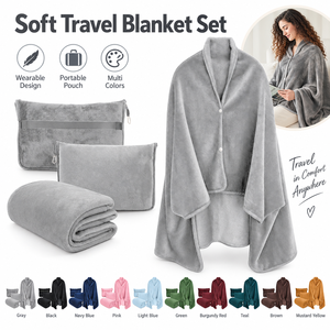 Couverture de voyage en flanelle 2-en-1 avec oreiller intégré, châle pliable à fermeture éclair pour avion, pour hommes et femmes - Product Image 1