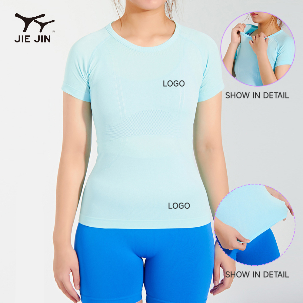 JIEJIN High Quality Women Gym Compression Breathable High Stretch Short Sleeve Yoga T-Shirt