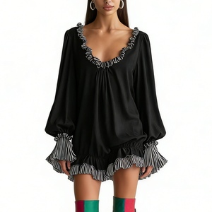 ชุดเดรสมินิสีดำสำหรับผู้หญิง - ชุดเดรสลำลองคอวีลายทางแขนยาวทรงหลวม ชุดเดรสแฟชั่นสำหรับผู้หญิง - Product Image 6