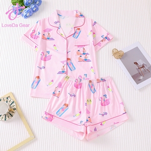 Loveda all'ingrosso donna san valentino vestiti per la casa stampati personalizzati Loungewear <span class=keywords><strong>camicia</strong></span> <span class=keywords><strong>a</strong></span> maniche corte Shorts <span class=keywords><strong>pigiama</strong></span> con tasca - Product Image 4