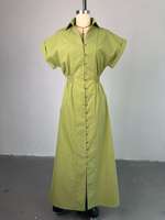 Robe chemise pour femme, robe en lin de haute qualité, manches courtes, mi-longue, plissée, taille élastique, robe chemise décontractée d'été pour le bureau