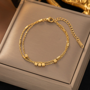 Pulsera de Joyería de Moda, Minimalista, de Doble Capa, con Cuentas, Cadena de Serpiente de Acero Inoxidable, Chapada en Oro, para Mujer - Product Image 1