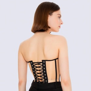 Top bustier en maille transparente sans bretelles, coupe cœur, avec baleines, dos lacé, bordure contrastante, effet sculptant la taille, idéal pour les soirées - Product Image 6