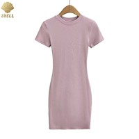 CNSHELL Robe Décontractée Col Rond Manches Courtes pour Femme, Cintrée, Longueur Mini, Ourlet Évasé en Côtelé Modal