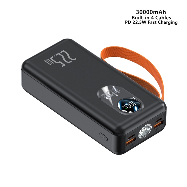 Premium Power Bank 30000mAh Built-in 4 Cables LED Display Type-C Input Tourlight PD 22.5W Fast Charging Portable Charger Outdoor