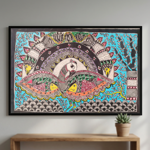 Tableau décoratif en toile 3D complet, peinture Madhubani du Bihar, art populaire fait main, décoration murale de Jharkhand, Ojistha Industries 1360 - Product Image 1