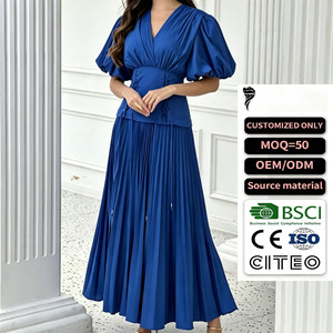 Elegant V-neck Lace-up Natural Waist Regular Woven Solid Slits A-Line <b>Maxi</b> Short Sleeve Blue Casual Sexy Women's Dress - Product Image 1