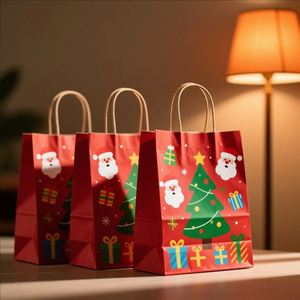 Bolsa de Papel Kraft Portátil con Asa Larga, Bolsa de Regalo Navideña, Bolsa de Color Rojo - Product Image 1