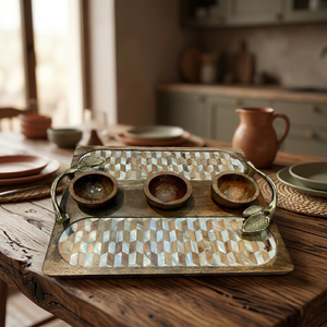 Plateau de service en bois LORD avec 3 bols, incrustation de nacre, poignée en laiton, plateau décoratif pour collations, pour service à table - Product Image 2