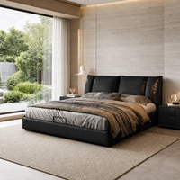 Lit rembourré noir de luxe moderne avec tête de lit à ailes, taille King/Queen, cadre de lit avec rangement à vérin à gaz, mobilier de chambre minimaliste