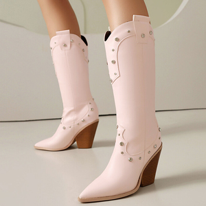 Bottes Western d'hiver pour femme, grande taille 48, hauteur genou, à talons compensés épais, bout pointu et clous métalliques - Product Image 1