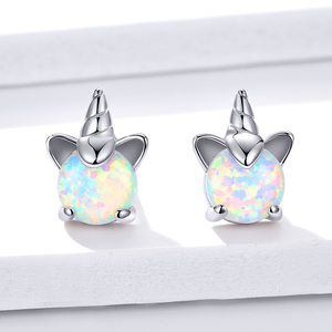 <span class=keywords><strong>Bamoer</strong></span>-pendientes de plata de primera ley con forma de unicornio para mujer, aretes pequeños, plata esterlina 925, Ópalo, hipoalergénico, fiesta, SCE737 - Product Image 2