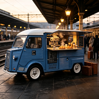 Furgoneta de catering vintage azul y blanca personalizada con estante para bandejas de croissants, máquina de café expreso para plataforma ferroviaria
