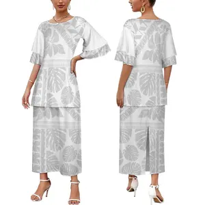 Short Sleeve Top And Slit Skirt Samoa Puletasi Vintage 2 Piece Sexy Streetwear Dress Sets For Women Polynesian Clothing