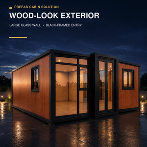 Casa Contenedor Prefabricada Moderna con Exterior de Aspecto de Madera, Gran Pared de Vidrio, Entrada con Marco Negro, Diseño de Villa, Forma Rectangular - Product Image 1