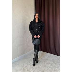 Manteau élégant en cachemire noir tissé à manches longues pour femme, idéal pour rester au chaud - Product Image 4